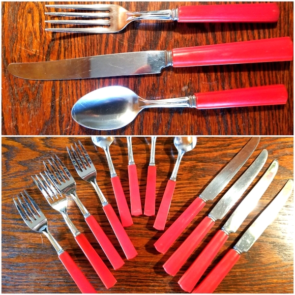 Vtg CARVED cherry red BAKELITE flatware for 4 - Picture 2 of 5